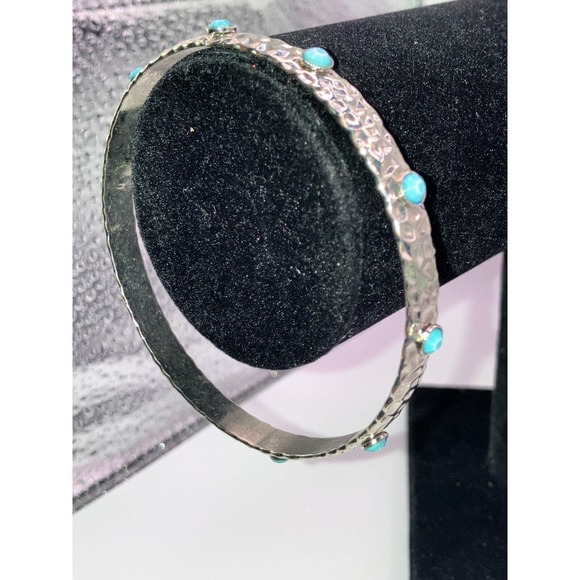 Vintage Hammered Silver-Tone with Turquoise Tone Bangle Bracelet! - Picture 5 of 5
